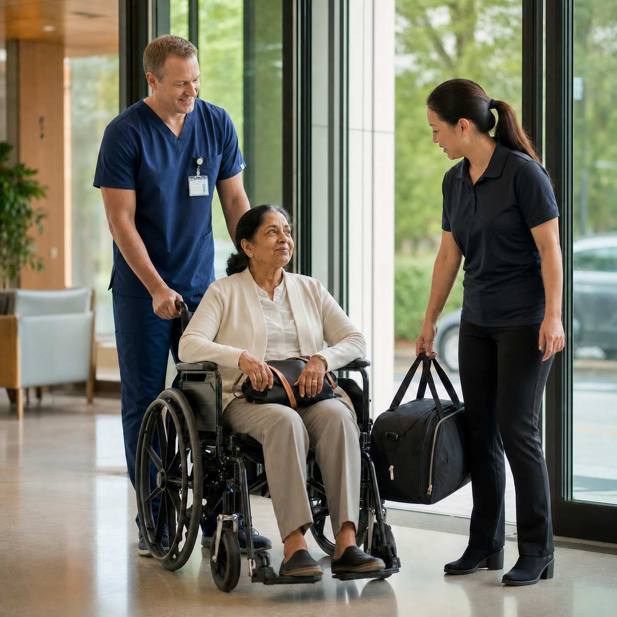 Diverse hospital and transportation team assisting a South Asian wheelchair patient