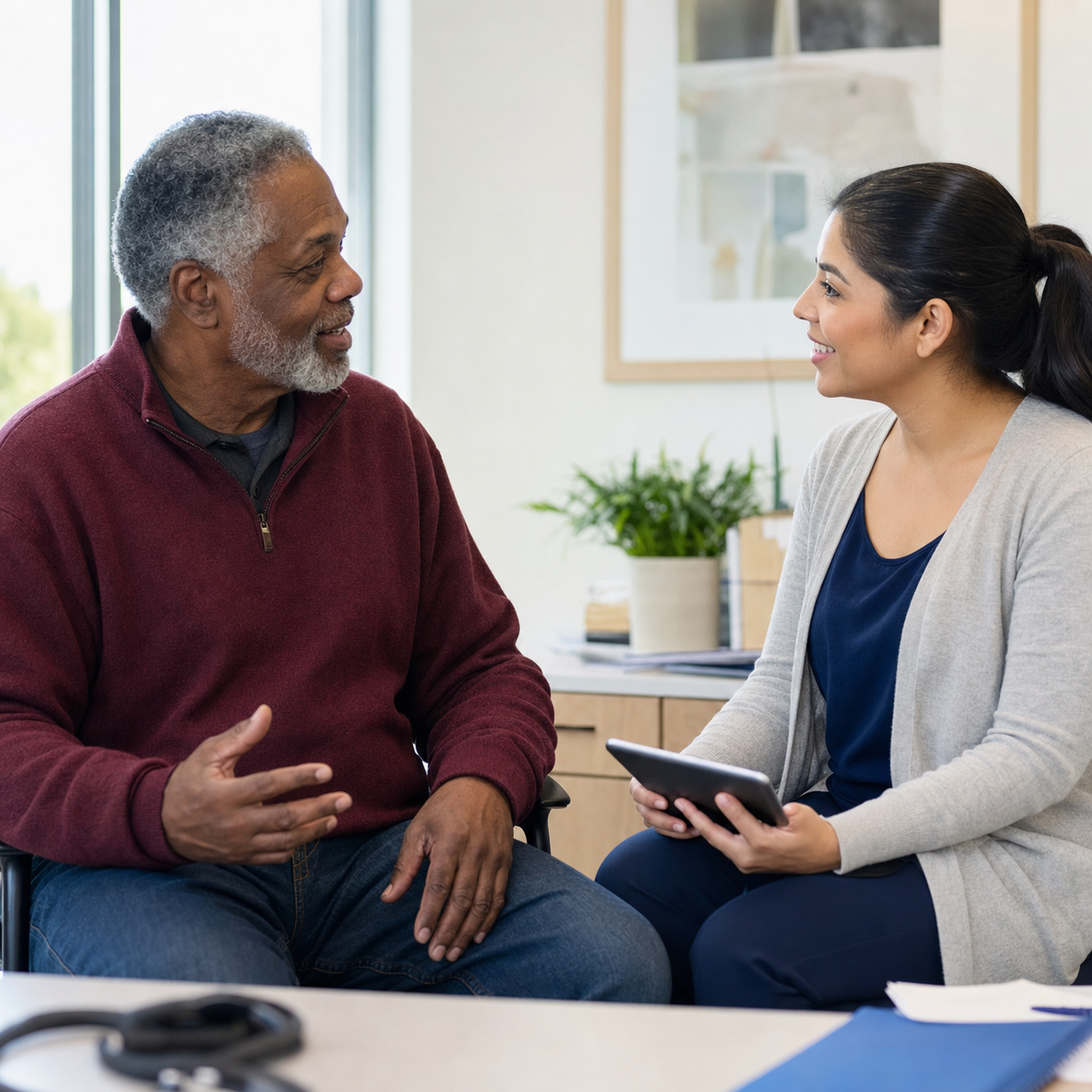 Older Black patient speaking with a Latina healthcare navigator