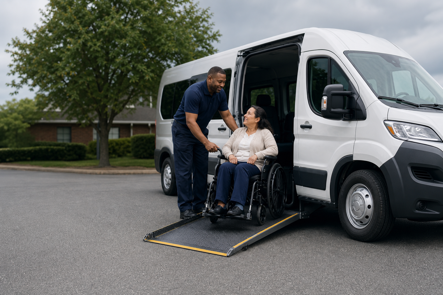 Driver assisting a wheelchair passenger beside a modern accessible van with its ramp deployed